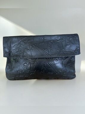 Vintage MCM "Kandinsky" NOT PRADA -Embossed Black Leather Envelope Clutch